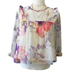 (NWT) Mimi Chica ruffled sheer cropped blouse ivory floral size medium